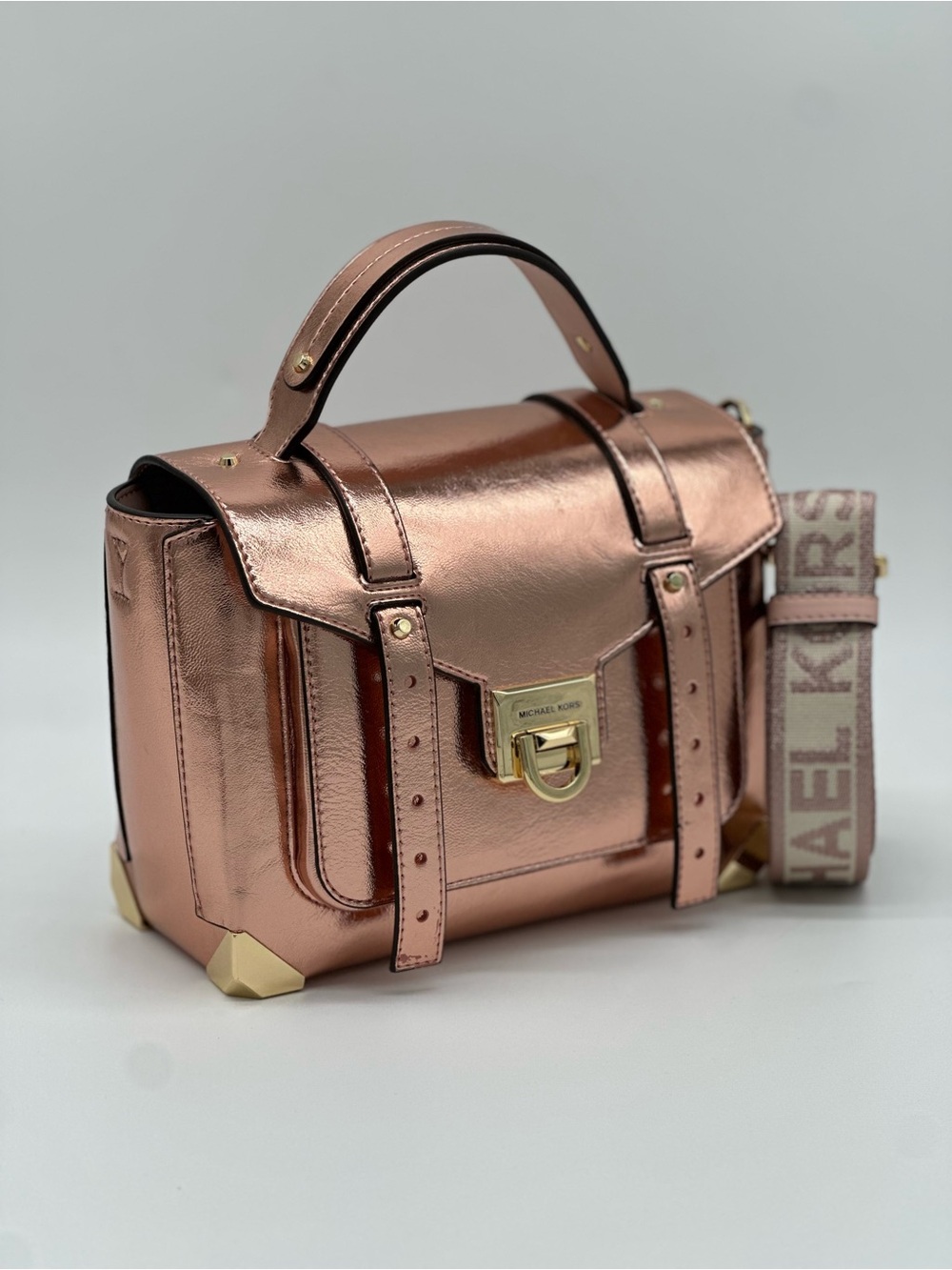 Michael Kors Rose Gold Metallic Leather Satchel with Branded Strap